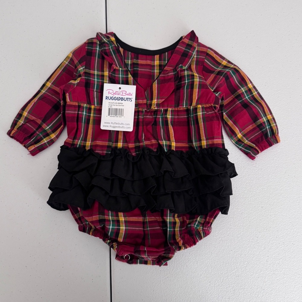 RuffleButts Remington Plaid V-Back Bubble Romper Red Tartan 0-3m ROWPL00-BBRM gf